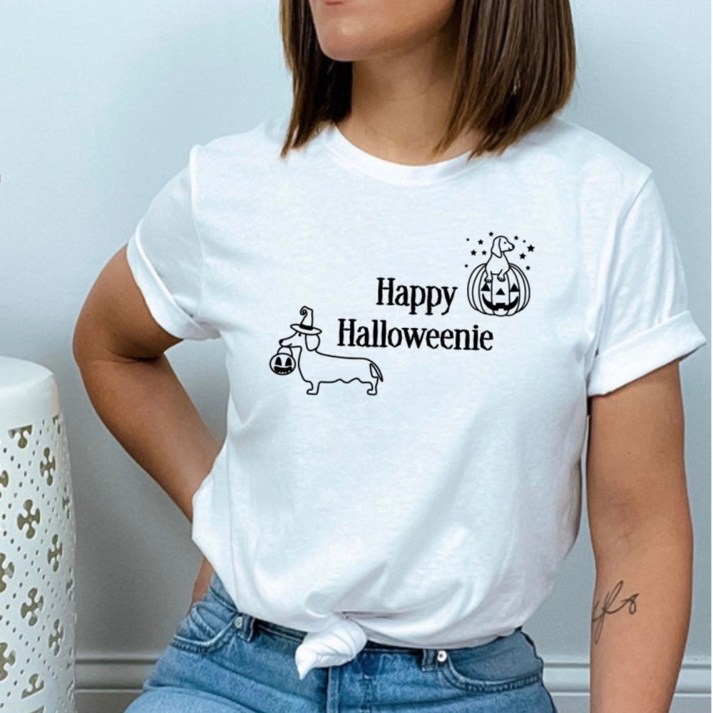 Happy Halloweenie Funny Dachshund Wiener Dogs Pumpkins White Short Sleeve Tee